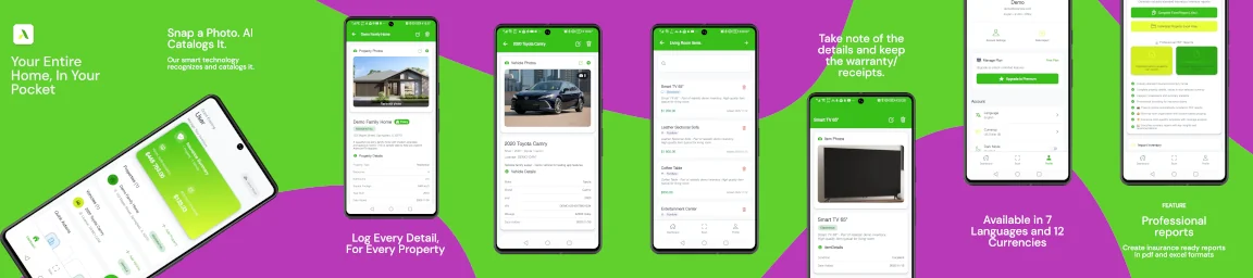 AItemizeIT app workflow showing home inventory, AI cataloging, property management, vehicle tracking, and insurance reporting features